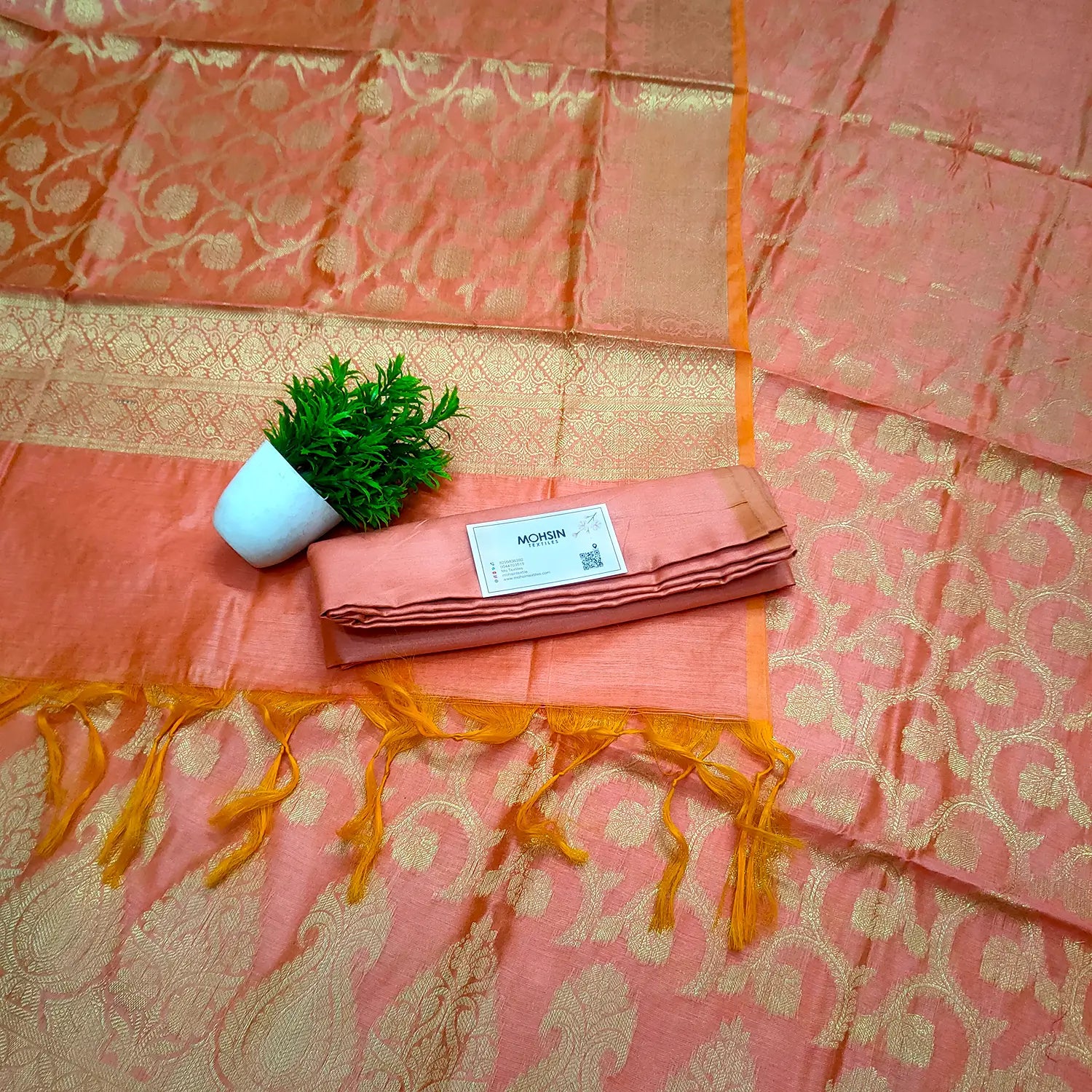 Peach Golden Zari Banarasi Silk Suit