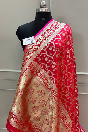 Red Chandramukhi Jaal Katan Silk Banarasi Saree