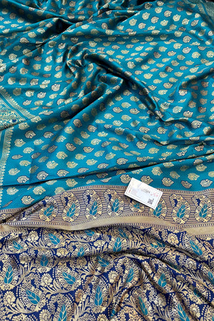 Sea Green and Navy Blue Resham Zari Silky Banarasi Saree