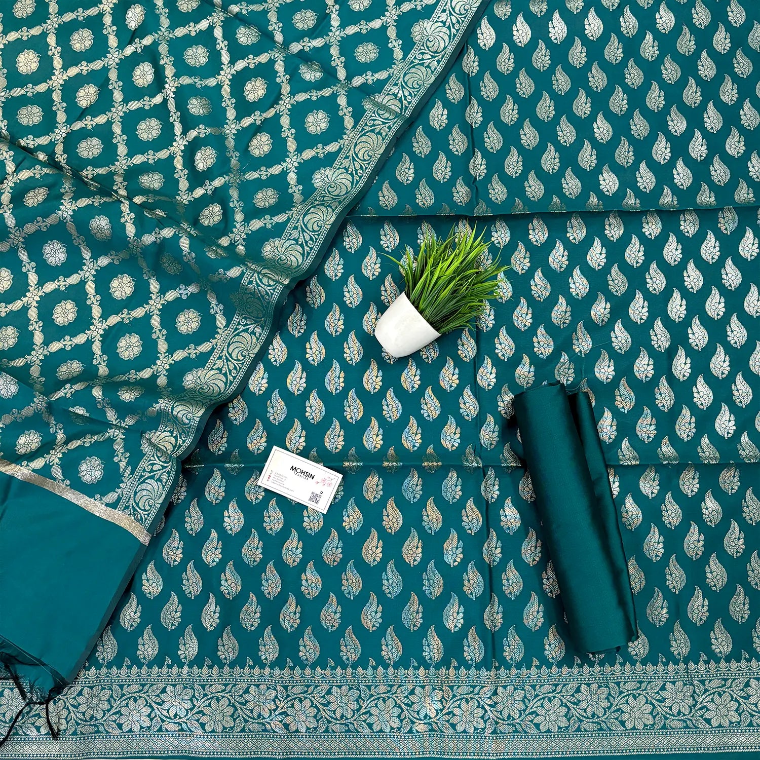 Teal Agnipath Buti Satin Silk Banarasi Suit