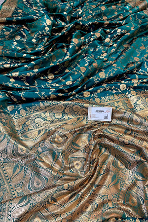 Teal Jangla Katan Silk Banarasi Saree