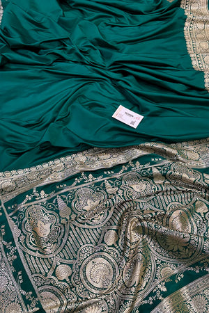 Teal Plain Golden Zari Katan Silk Banarasi Saree
