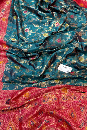 Teal and Pink Golden Zari Silky Banarasi Saree