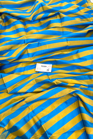 Yellow and Blue Stripe Plain Satin Silk Banarasi Saree