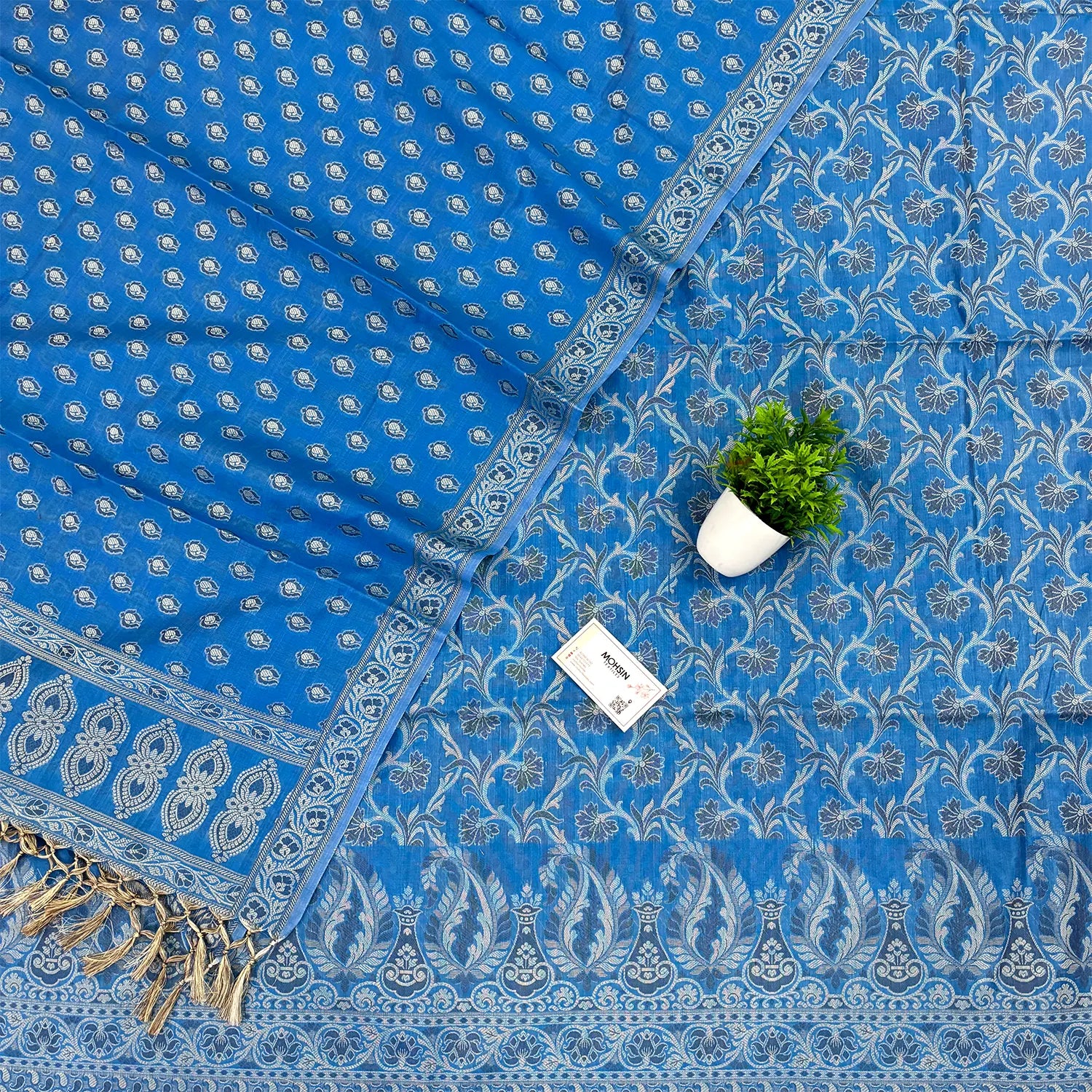 Dark Firozi Surahi Jaal Cotton Silk Banarasi Suit