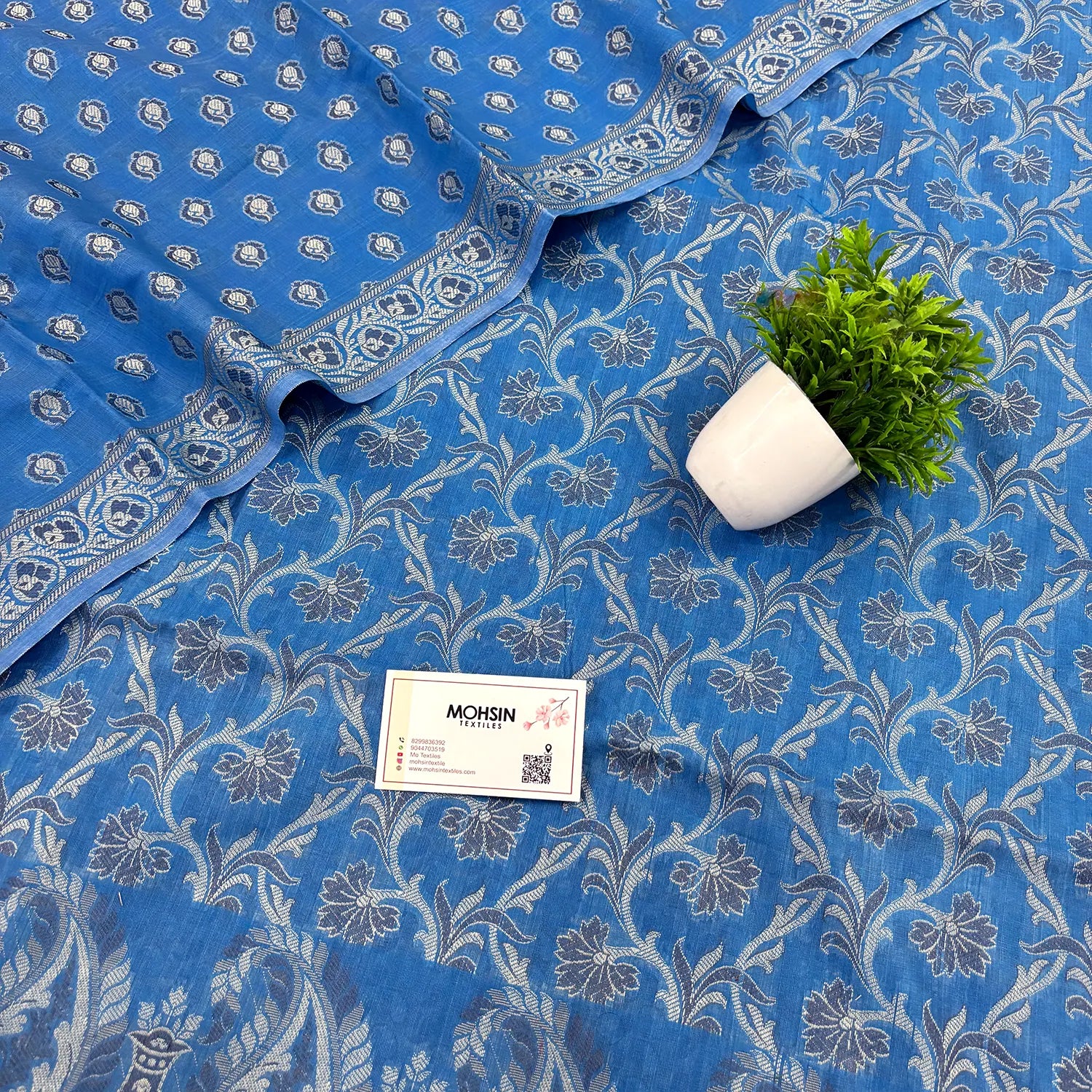 Dark Firozi Surahi Jaal Cotton Silk Banarasi Suit