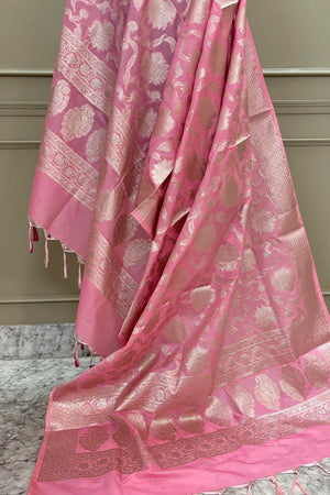 Baby Pink Golden Zari Katan Silk Banarasi Dupatta
