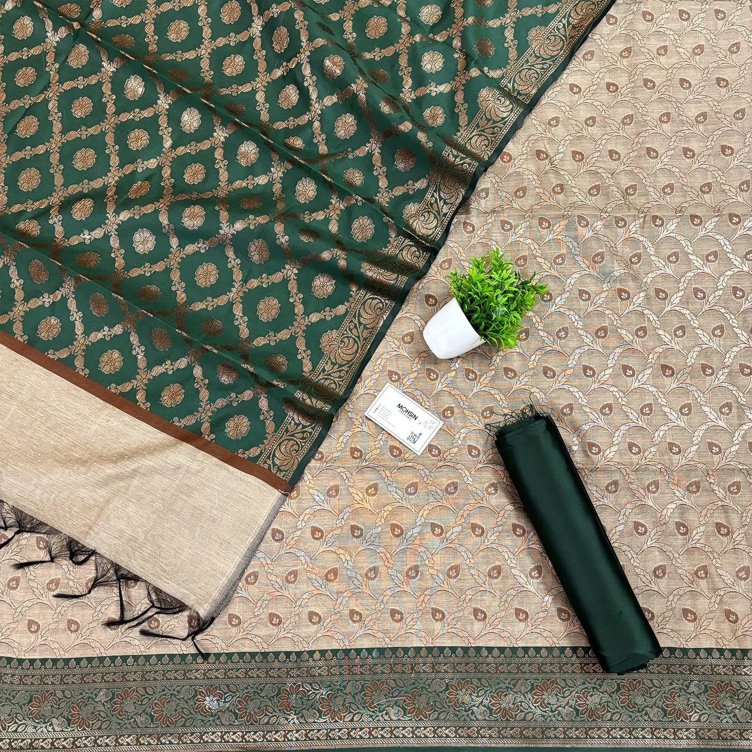 Beige and Bottle Green Patti Jaal Banarasi Silk Suit