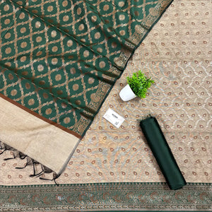 Beige and Bottle Green Patti Jaal Banarasi Silk Suit