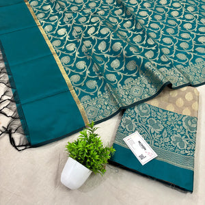 Beige and Teal Gulkan Buti Satin Silk Banarasi Suit