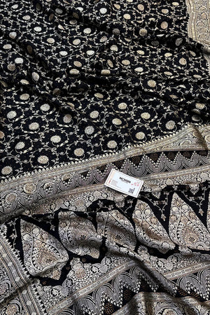 Black Murerwa Daal Swarovski Stone Katan Silk Banarasi Saree