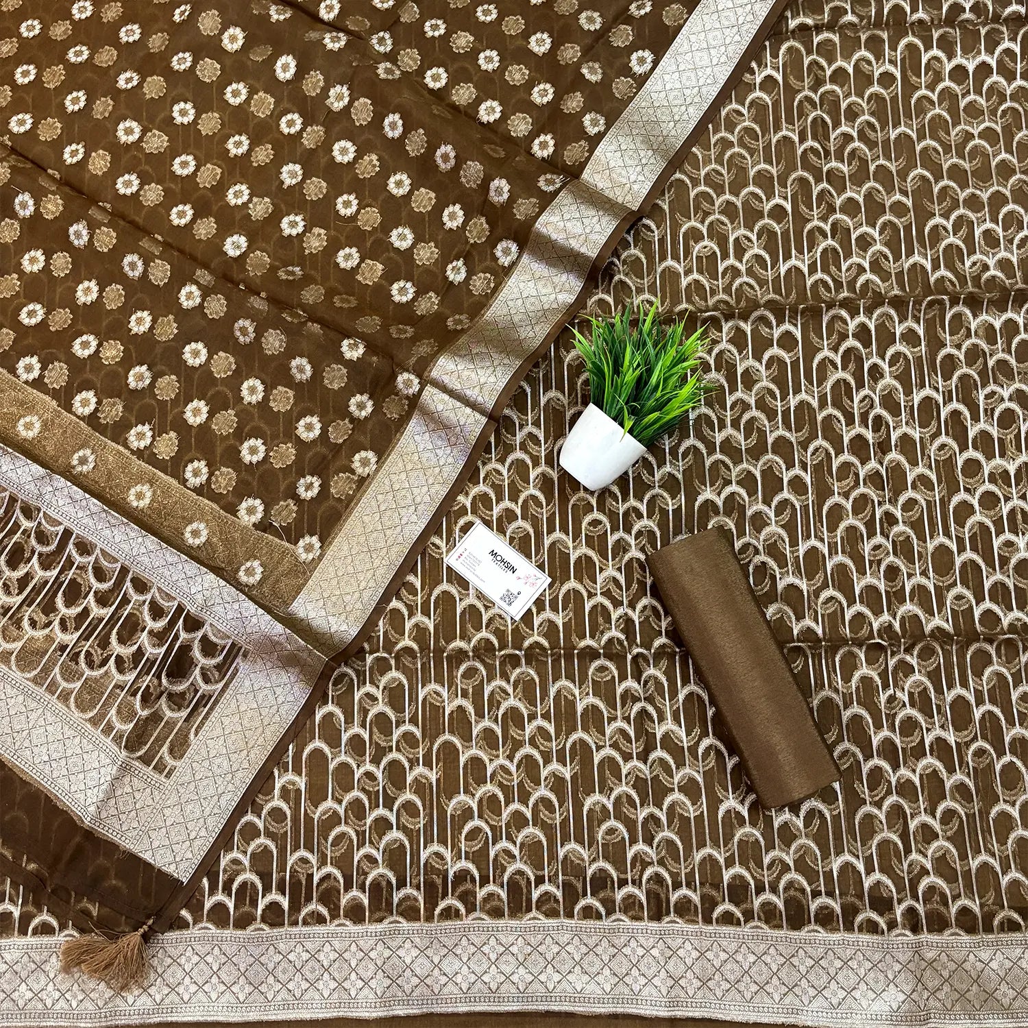 Brown Cactus Jaal Organza Silk Banarasi Suit
