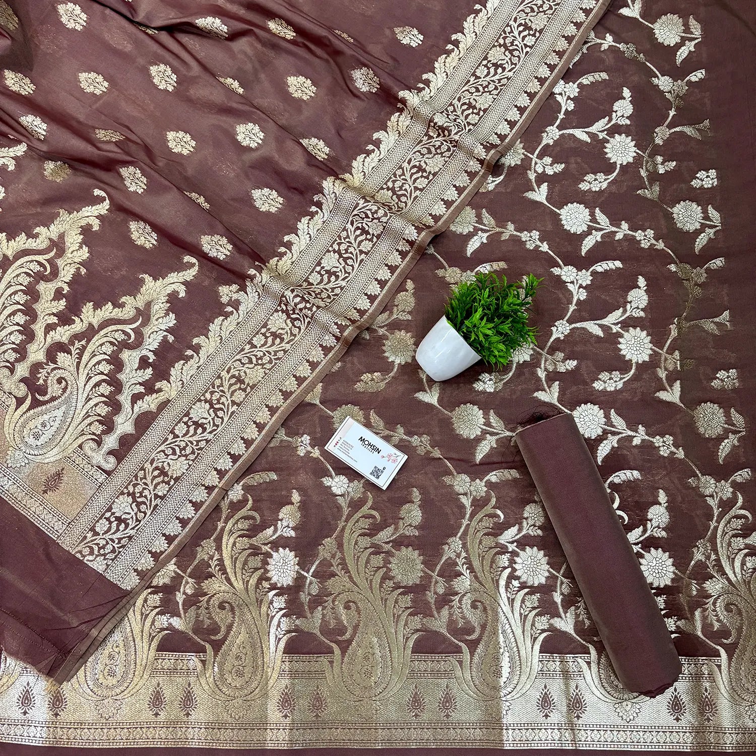 Dusty Peach Golden Zari Katan Silk Banarasi Suit