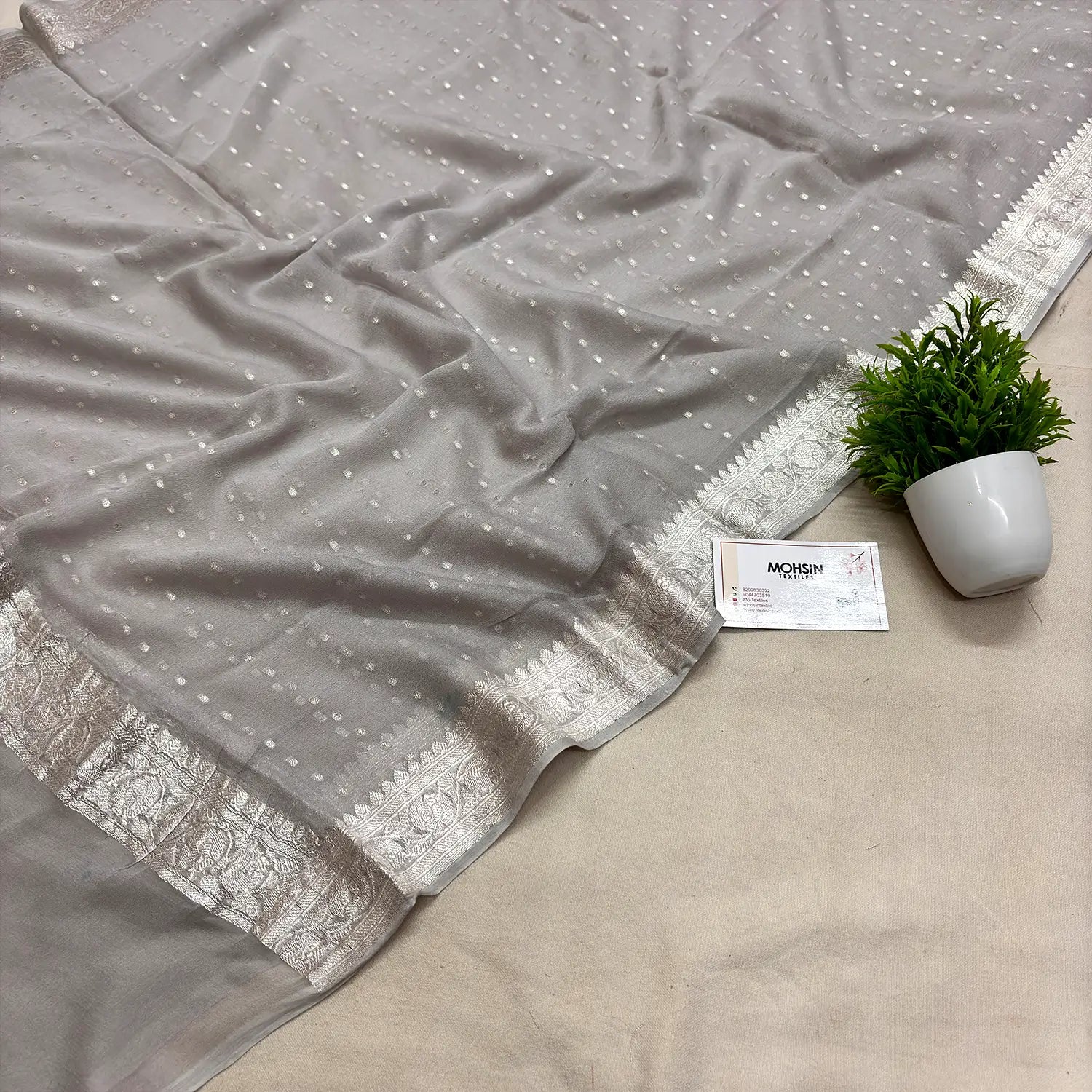 Grey Chunri Georgette Silk Banarasi Dupatta