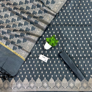 Grey Golden Zari Banarasi Silk Suit