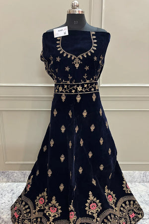 Navy Blue and Pink Zariwork Semi Stitched Velvet Lahenga