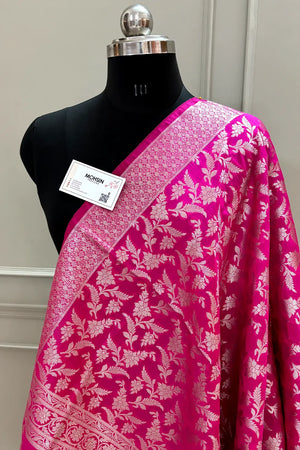 Pink Golden Zari Katan Silk Banarasi Dupatta