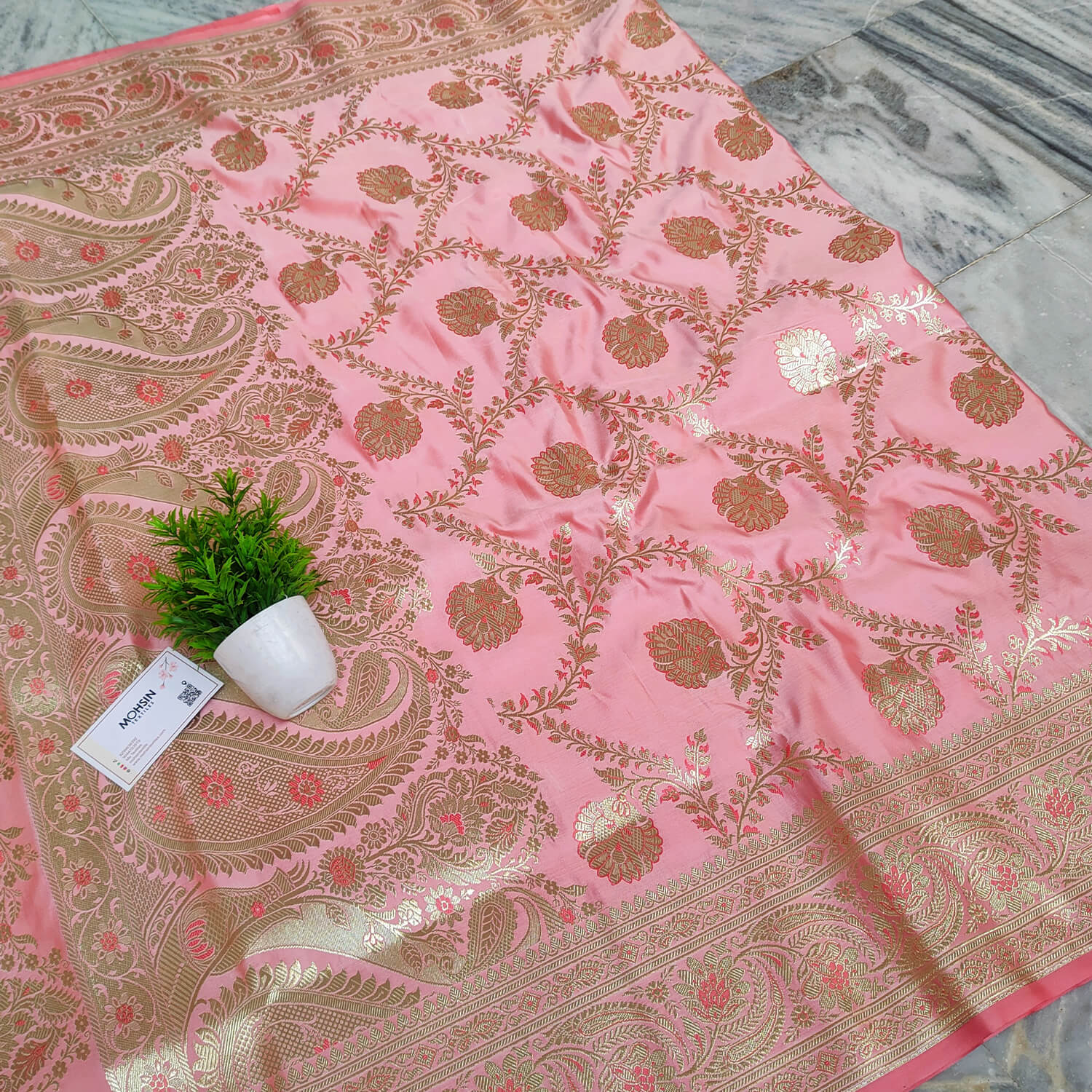 Pink With Meena Handloom Pure Katan Silk Banarasi Saree