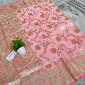Pink With Meena Handloom Pure Katan Silk Banarasi Saree