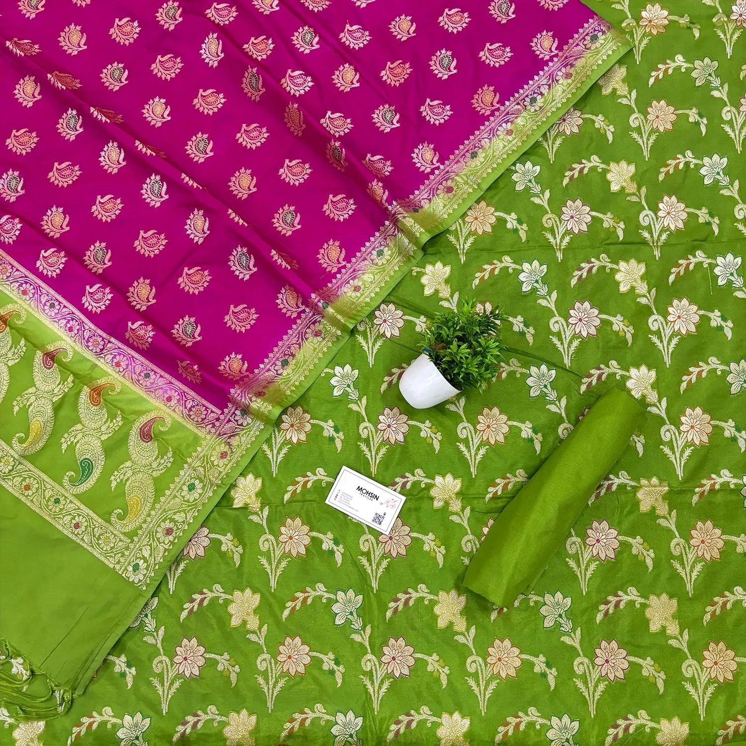 Pista and Pink Golden Zari Katan Silk Banarasi Saree