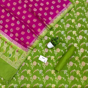 Pista and Pink Golden Zari Katan Silk Banarasi Saree