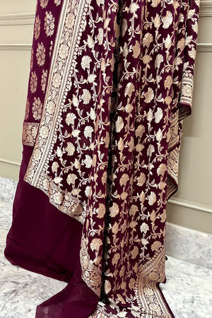 Purple Pure Georgette Silk Banarasi Suit