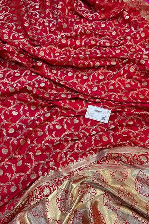 Red Chandramukhi Jaal Katan Silk Banarasi Saree
