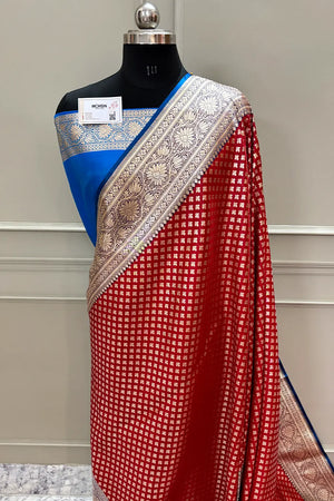 Red and Blue Chidi Buti Katan Silk Banarasi Saree