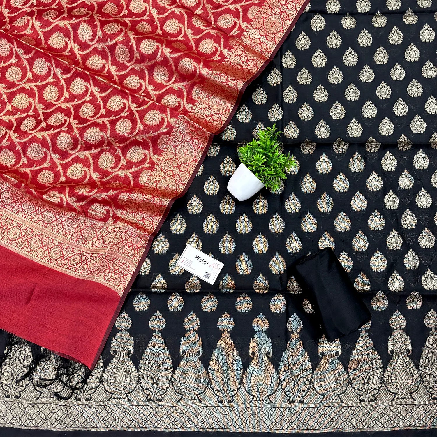 Black and Red Kalgha Buti Banarasi Silk Suit
