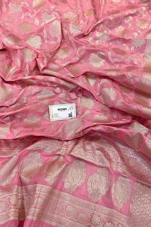 Baby Pink Golden Zari Katan Silk Banarasi Dupatta