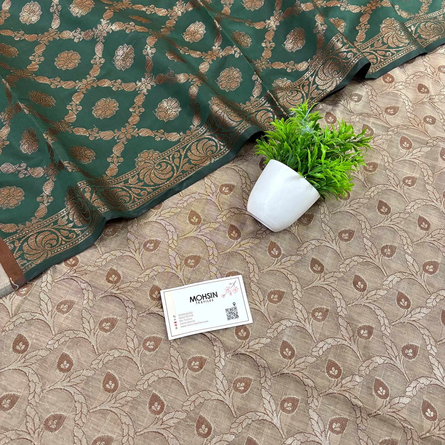 Beige and Bottle Green Patti Jaal Banarasi Silk Suit