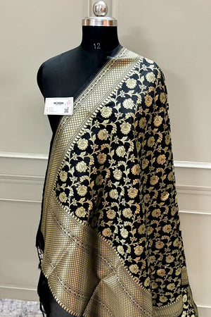Black Golden Zari Katan Silk Banarasi Dupatta