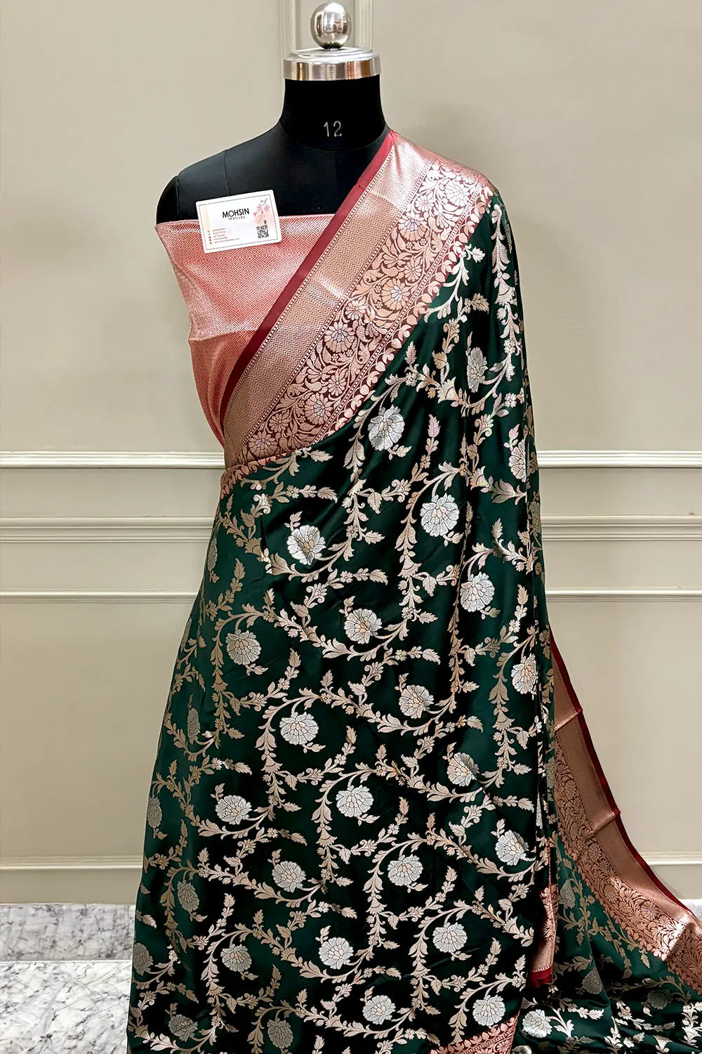 Bottle Green and Red Golden Zari Banarasi Silk Saree