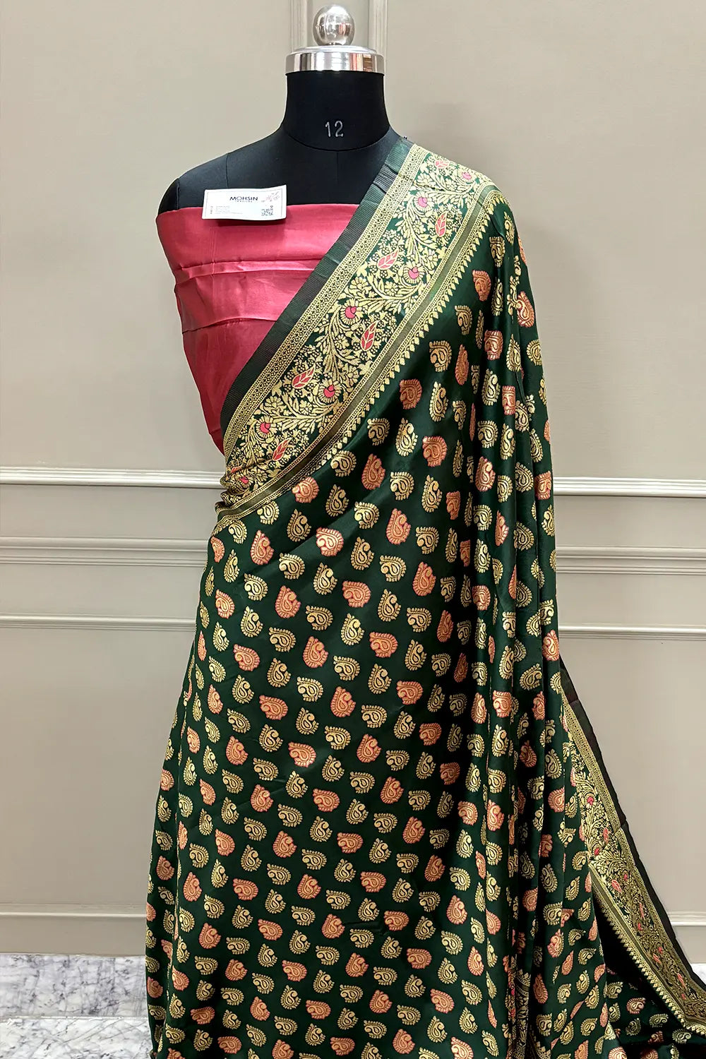 Bottle Green and Red Resham Zari Silky Banarasi Saree