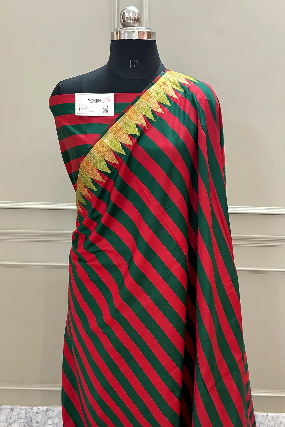 Red and Bottle Green Stripe Satin Banarasi Saree