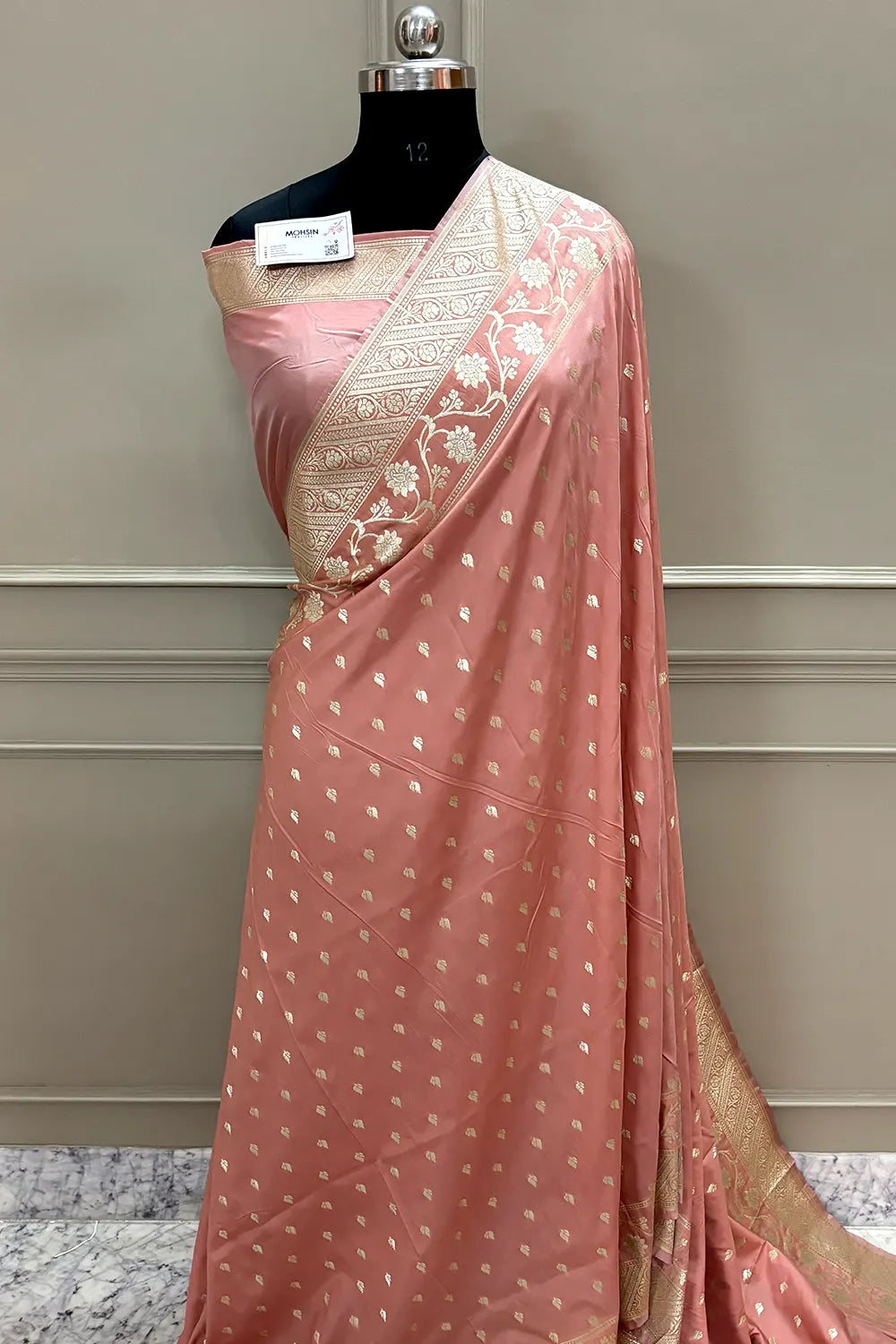 Dark Peach Mahinki Buti Katan Silk Banarasi Saree