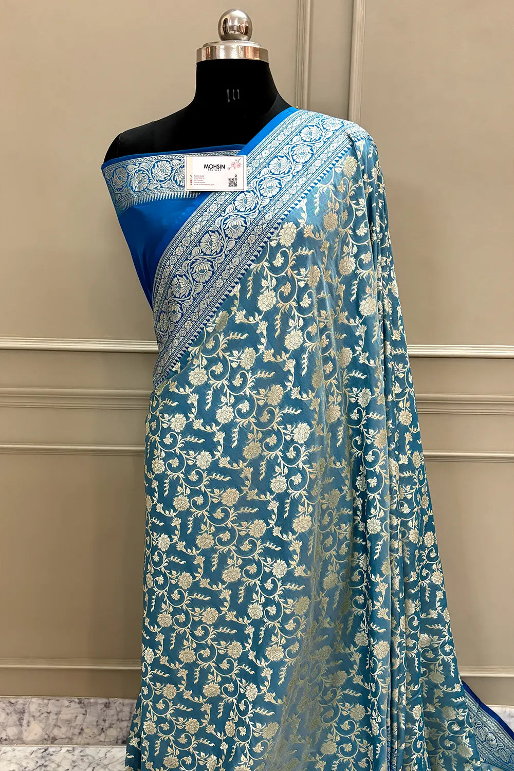 Firozi and Blue Gulabi Jaal Katan Silk Banarasi Saree