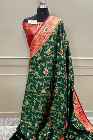 Green and Red Golden Zari Silky Banarasi Saree