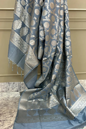 Grey Golden Zari Katan Silk Banarasi Dupatta