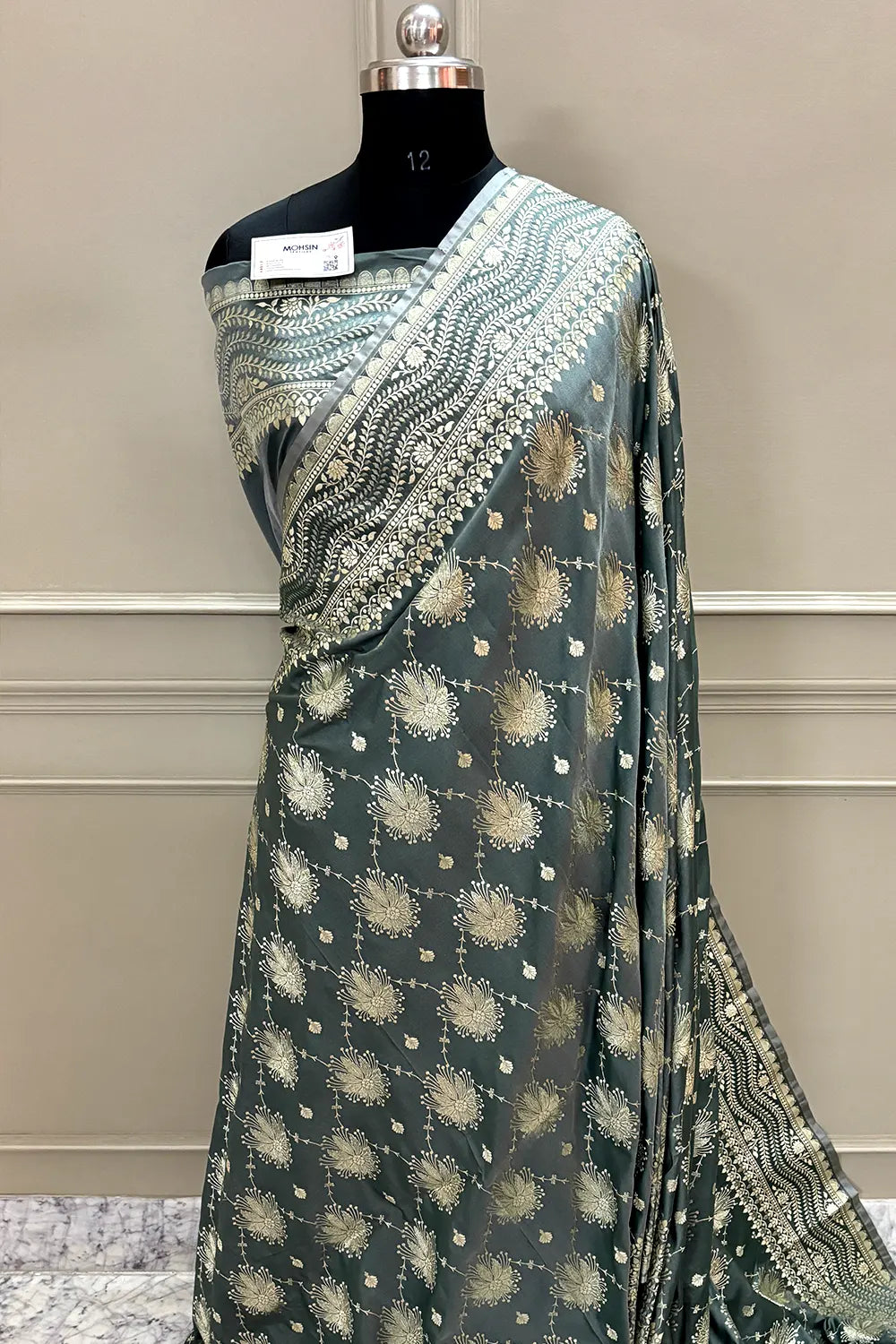Grey Spider Jaal Katan Silk Banarasi Saree