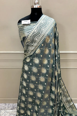 Grey Spider Jaal Katan Silk Banarasi Saree