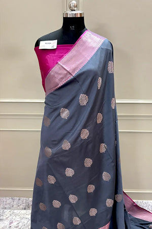 Grey and Pink Golden Zari Banarasi Silk Saree