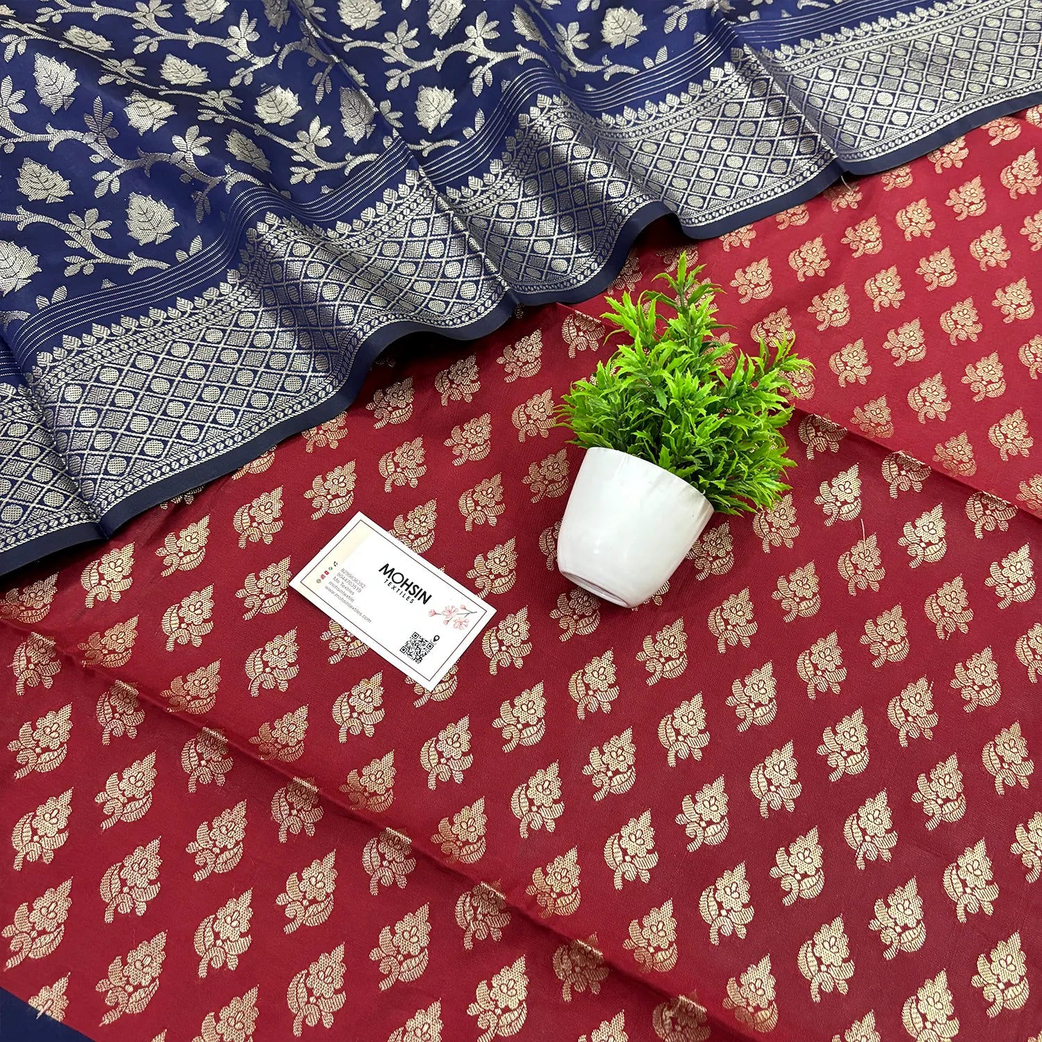 Maroon and Navy Blue Podha Satin Silk Banarasi Suit