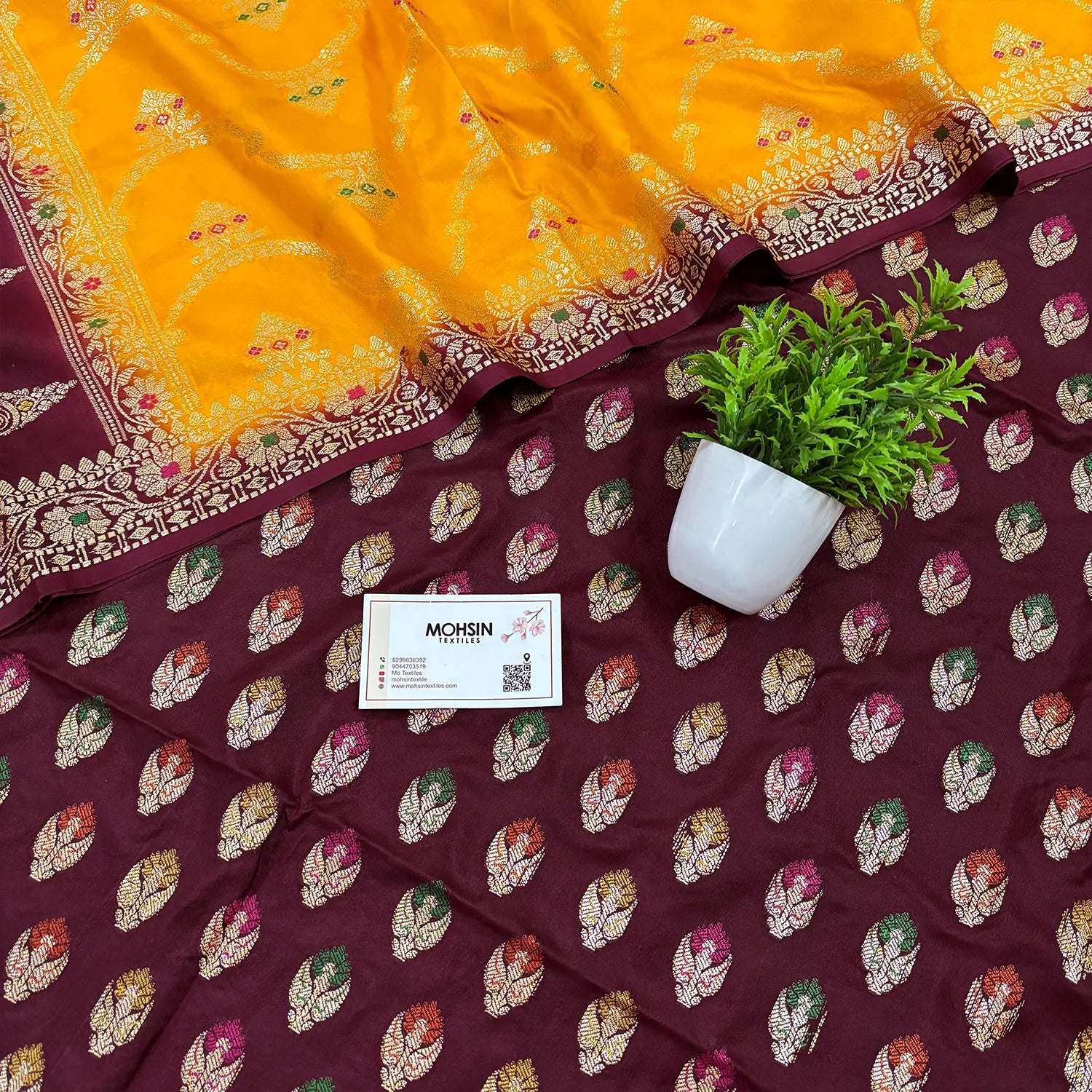 Maroon and Yellow Golden Zari Katan Silk Banarasi Suit