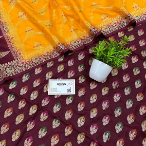 Maroon and Yellow Golden Zari Katan Silk Banarasi Suit