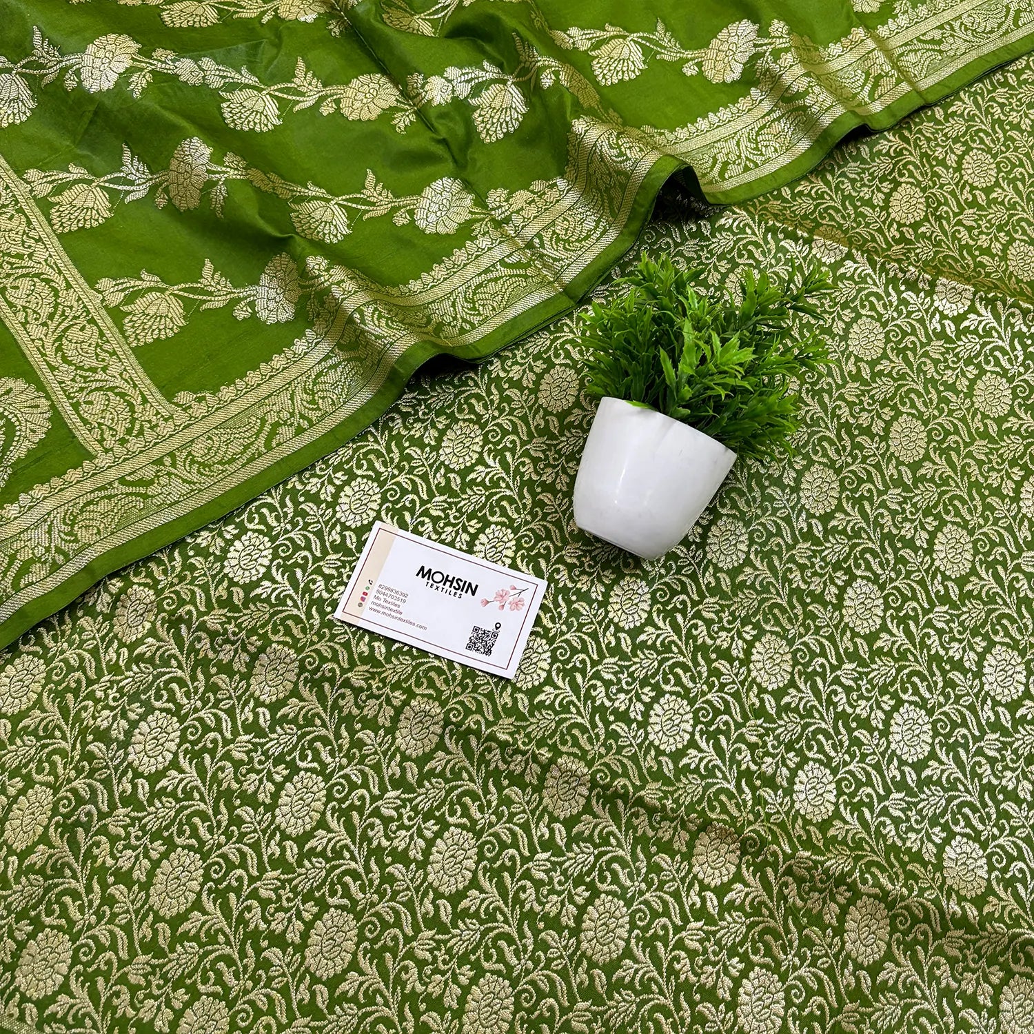 Mehendi Golden Zari Katan Silk Banarasi Suit