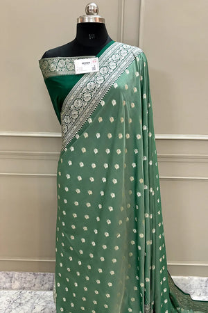 Mint and Bottle Green Ghonga Buti Katan Silk Banarasi Saree