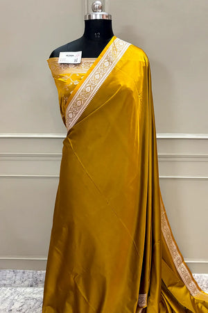 Mustard Zari Border Katan Silk Banarasi Saree
