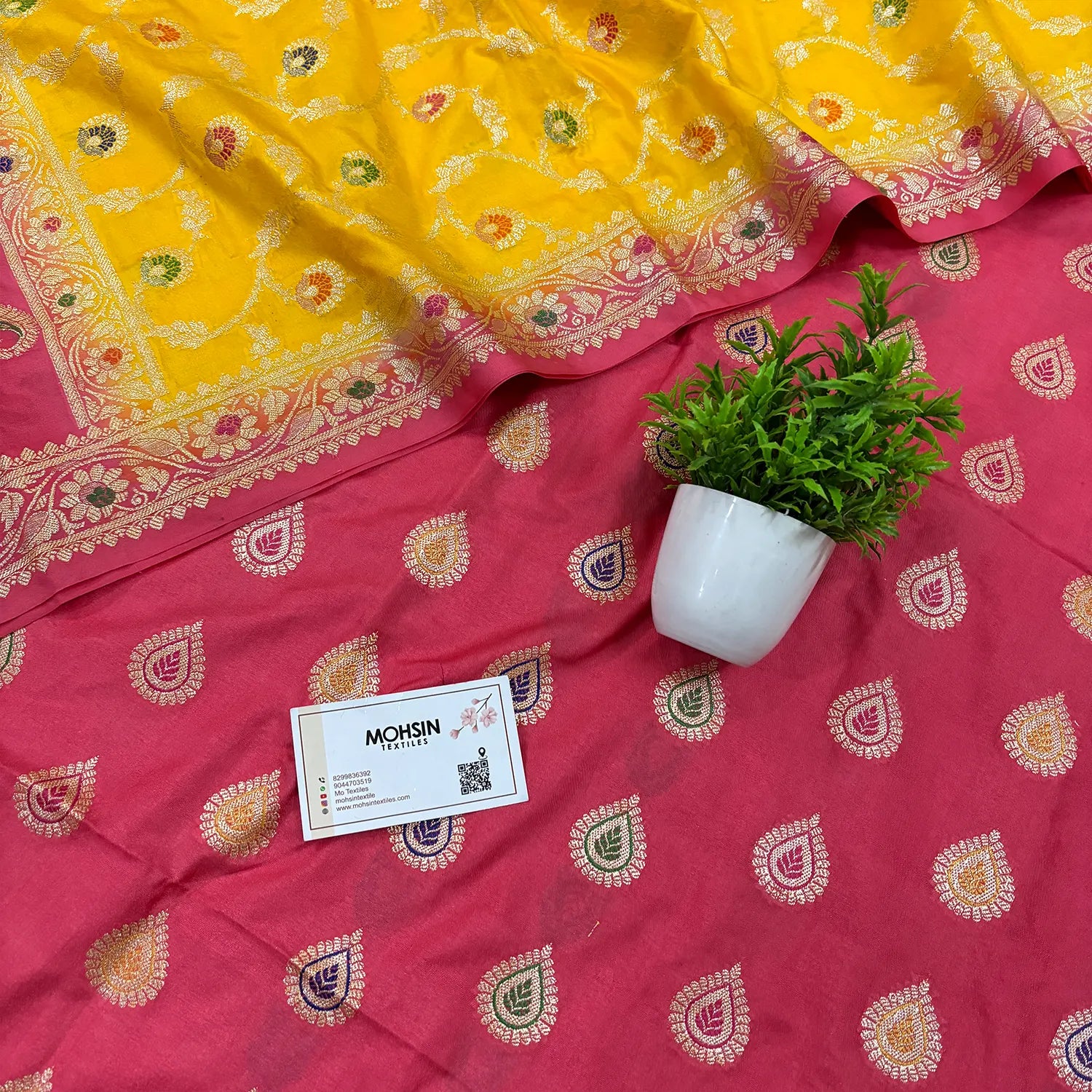 Peach and Yellow Golden Zari Katan Silk Banarasi Suit