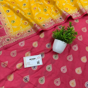 Peach and Yellow Golden Zari Katan Silk Banarasi Suit